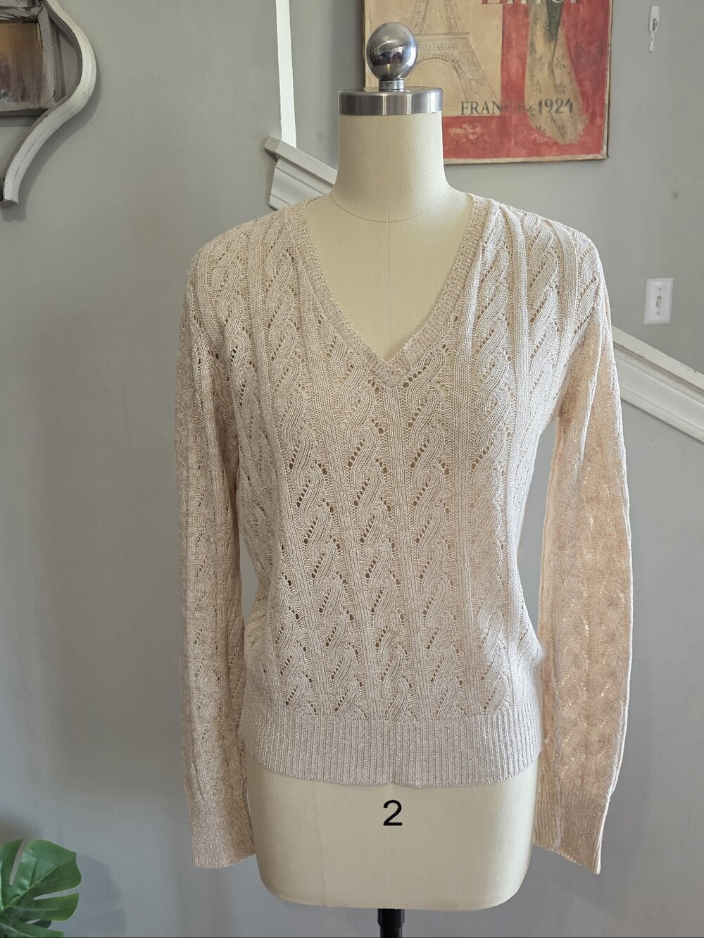 Vintage Sweater Beige Cable Knit Vneck